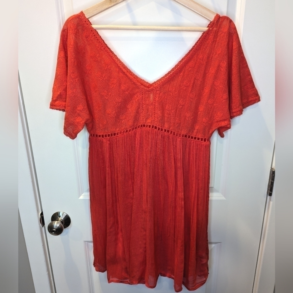 FREE People Orange Red Babydoll Top Flutter Sleeve Tunic Length Size Sma…